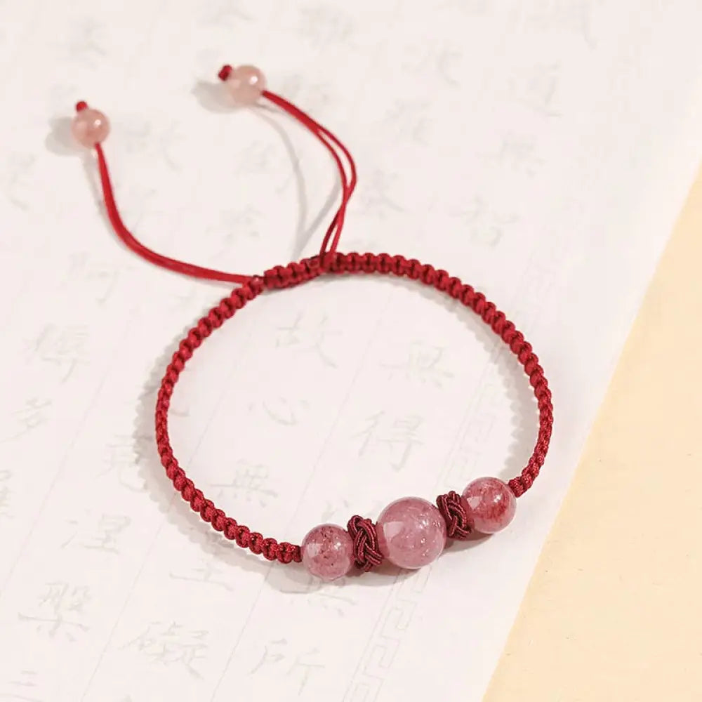 BWOOOH Natural Strawberry Quartz Crystal Love Red String Weave Bracelet Anklet - Three Beads Red Bracelet(Wrist