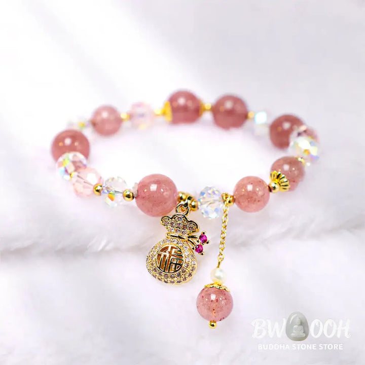 Buddha Stones Natural Strawberry Quartz Crystal Money Bag Charm Positive Bracelet - BWOOOH - Strawberry