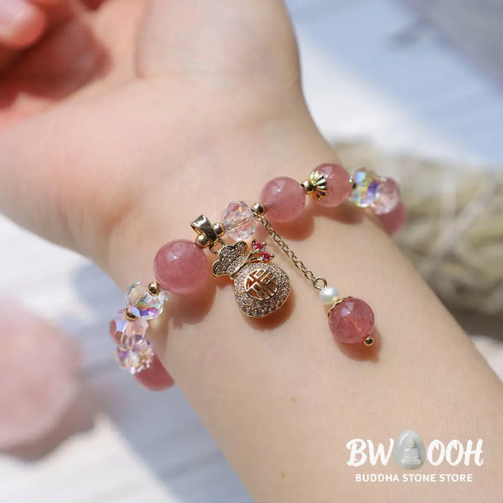 Buddha Stones Natural Strawberry Quartz Crystal Money Bag Charm Positive Bracelet - BWOOOH - Strawberry