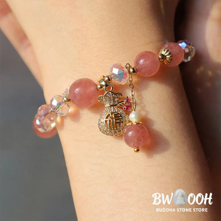 Buddha Stones Natural Strawberry Quartz Crystal Money Bag Charm Positive Bracelet - BWOOOH - Strawberry