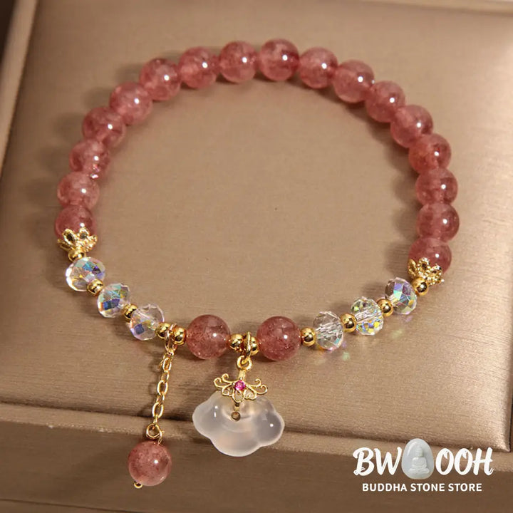 Buddha Stones Natural Strawberry Quartz Crystal White Agate Auspicious Cloud Healing Bracelet - BWOOOH - Strawberry