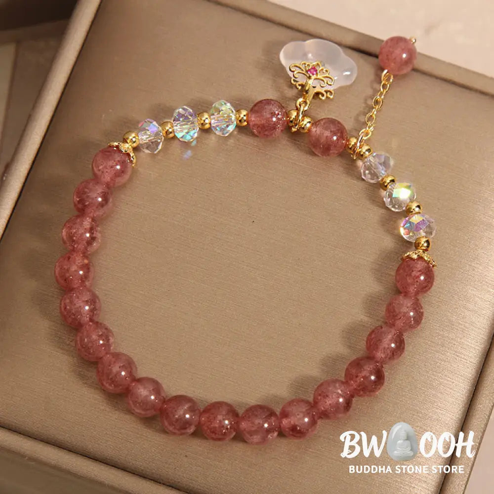 Buddha Stones Natural Strawberry Quartz Crystal White Agate Auspicious Cloud Healing Bracelet - BWOOOH - Strawberry