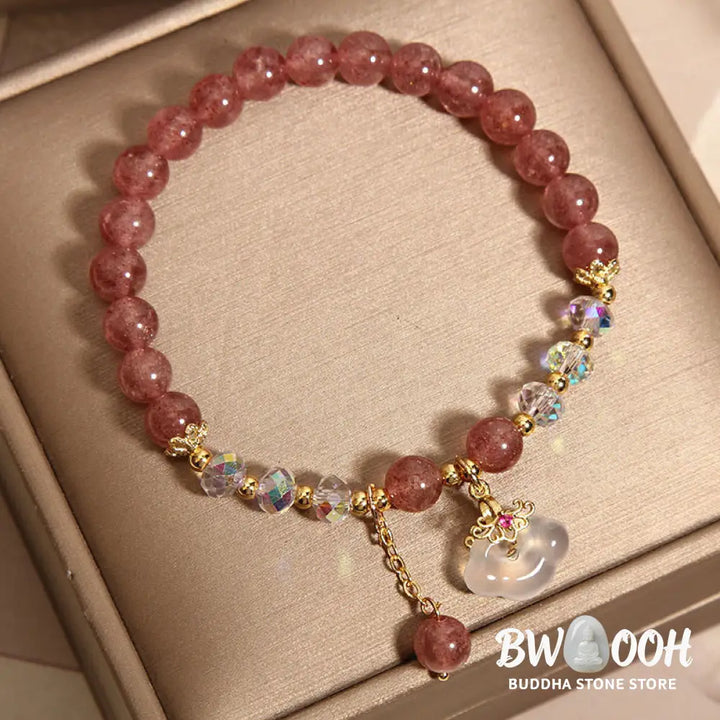 Buddha Stones Natural Strawberry Quartz Crystal White Agate Auspicious Cloud Healing Bracelet - BWOOOH - Strawberry