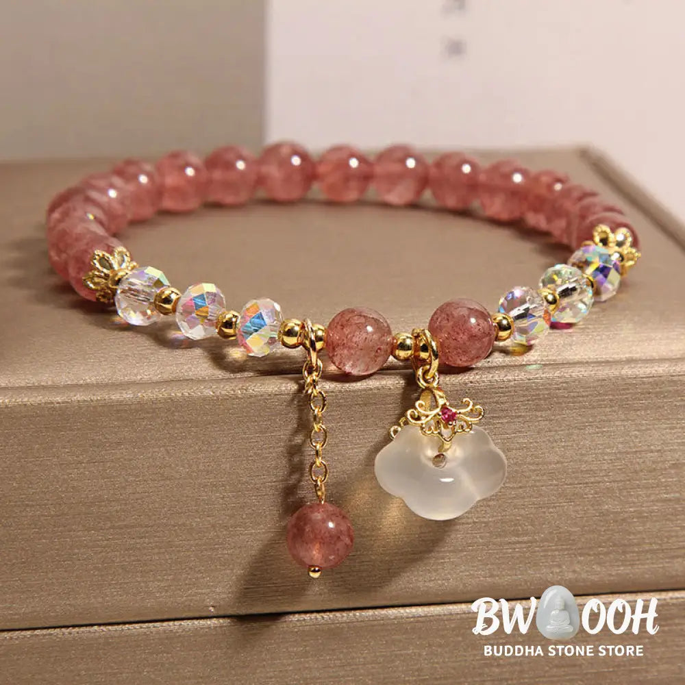 Buddha Stones Natural Strawberry Quartz Crystal White Agate Auspicious Cloud Healing Bracelet - BWOOOH - Strawberry