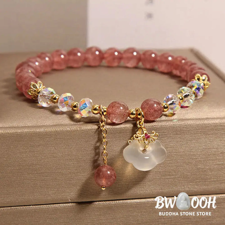 Buddha Stones Natural Strawberry Quartz Crystal White Agate Auspicious Cloud Healing Bracelet - BWOOOH - Strawberry