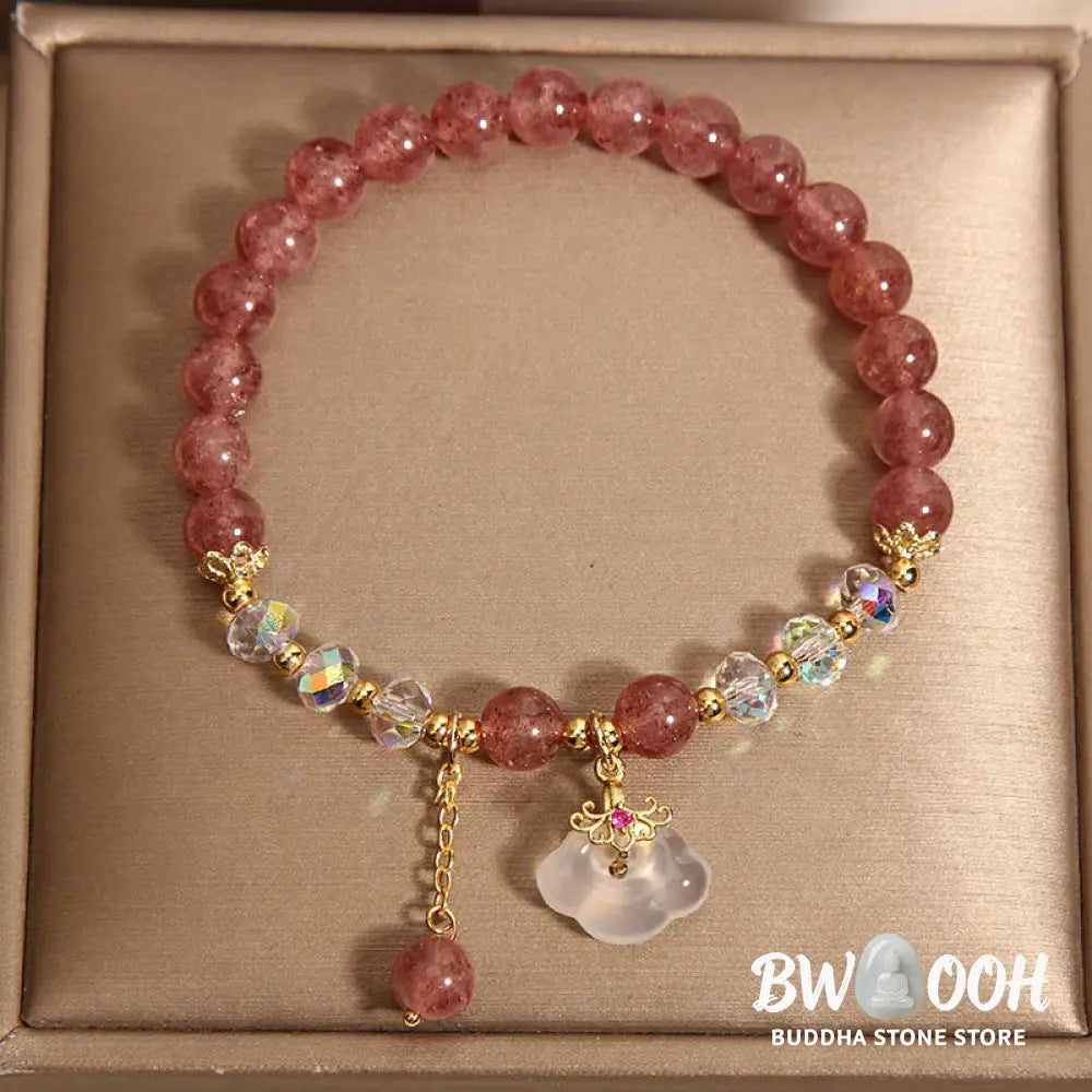 Buddha Stones Natural Strawberry Quartz Crystal White Agate Auspicious Cloud Healing Bracelet - BWOOOH - Strawberry