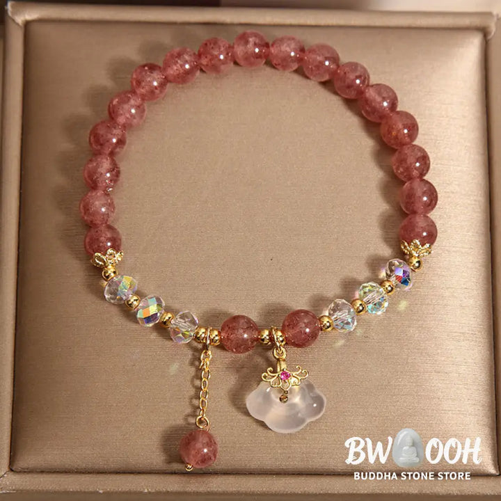 Buddha Stones Natural Strawberry Quartz Crystal White Agate Auspicious Cloud Healing Bracelet - BWOOOH - Strawberry
