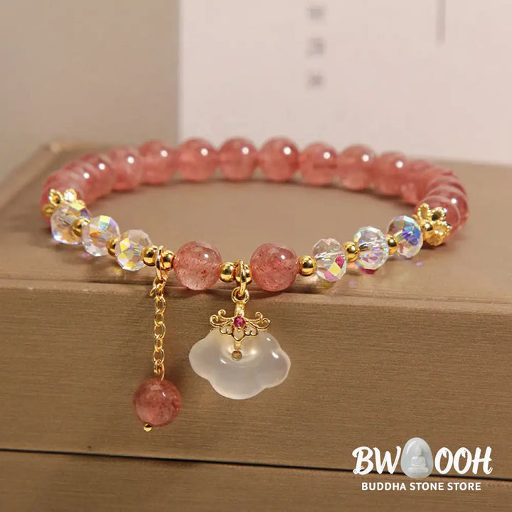 Buddha Stones Natural Strawberry Quartz Crystal White Agate Auspicious Cloud Healing Bracelet - BWOOOH - Strawberry