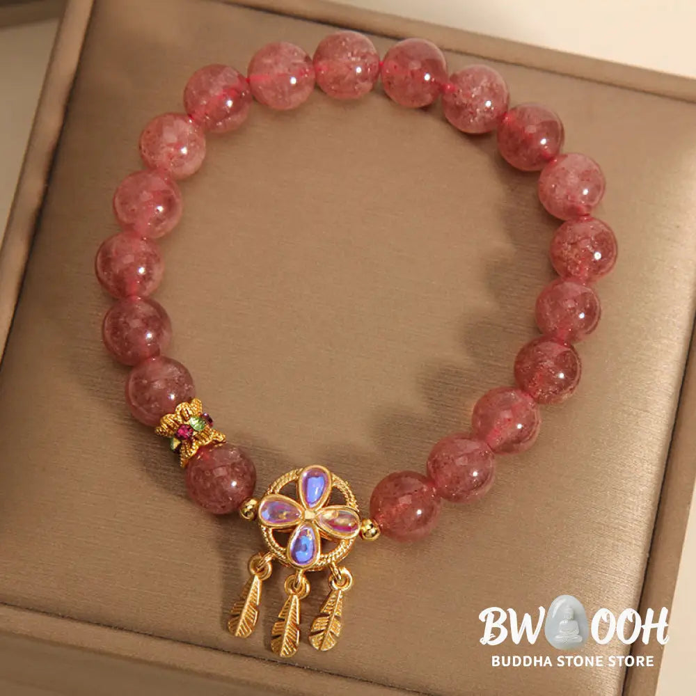 Buddha Stones Natural Strawberry Quartz Four Leaf Clover Dreamcatcher Charm Love Bracelet - BWOOOH - Strawberry