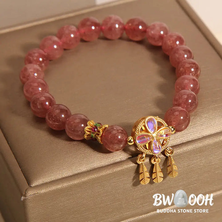 Buddha Stones Natural Strawberry Quartz Four Leaf Clover Dreamcatcher Charm Love Bracelet - BWOOOH - Strawberry