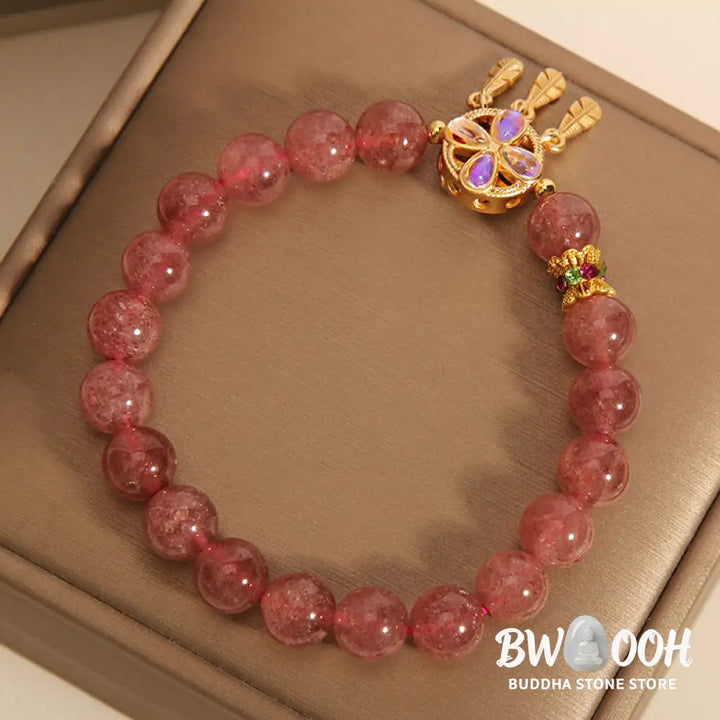 Buddha Stones Natural Strawberry Quartz Four Leaf Clover Dreamcatcher Charm Love Bracelet - BWOOOH - Strawberry