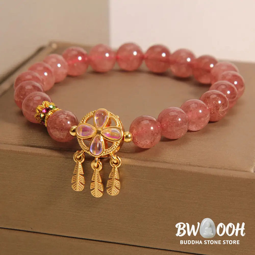 Buddha Stones Natural Strawberry Quartz Four Leaf Clover Dreamcatcher Charm Love Bracelet - BWOOOH - Strawberry