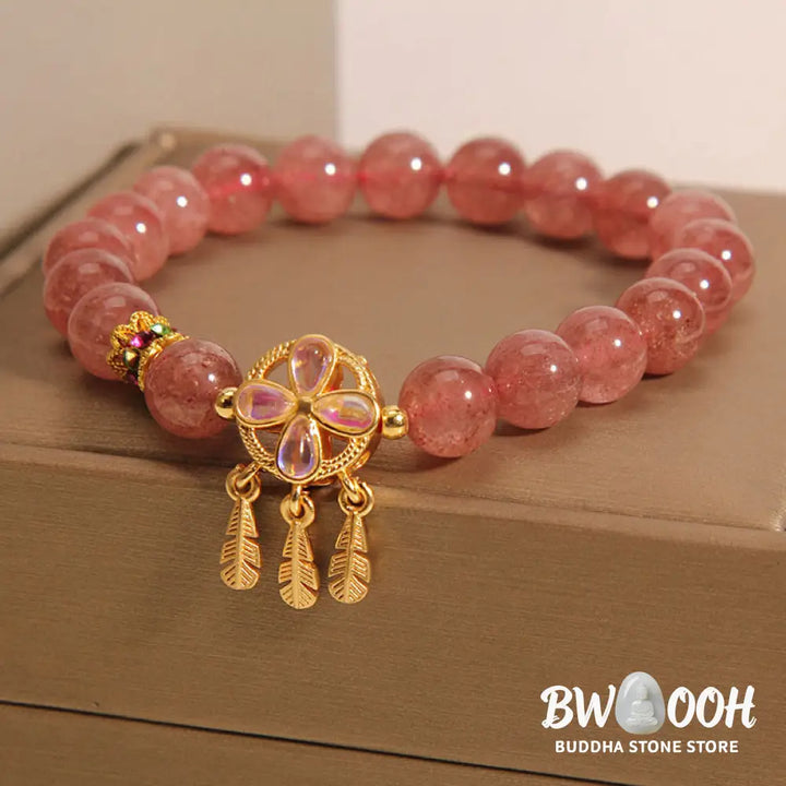 Buddha Stones Natural Strawberry Quartz Four Leaf Clover Dreamcatcher Charm Love Bracelet - BWOOOH - Strawberry