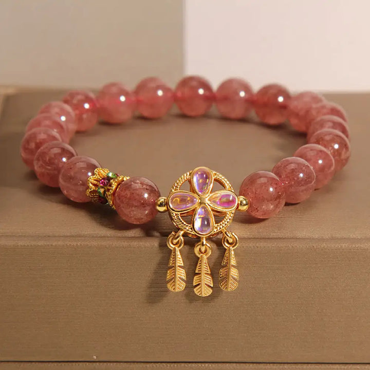 BWOOOH Natural Strawberry Quartz Four Leaf Clover Dreamcatcher Charm Love Bracelet - BWOOOH - Strawberry