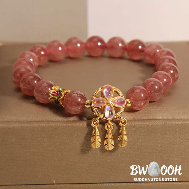 Buddha Stones Natural Strawberry Quartz Four Leaf Clover Dreamcatcher Charm Love Bracelet - BWOOOH - Strawberry