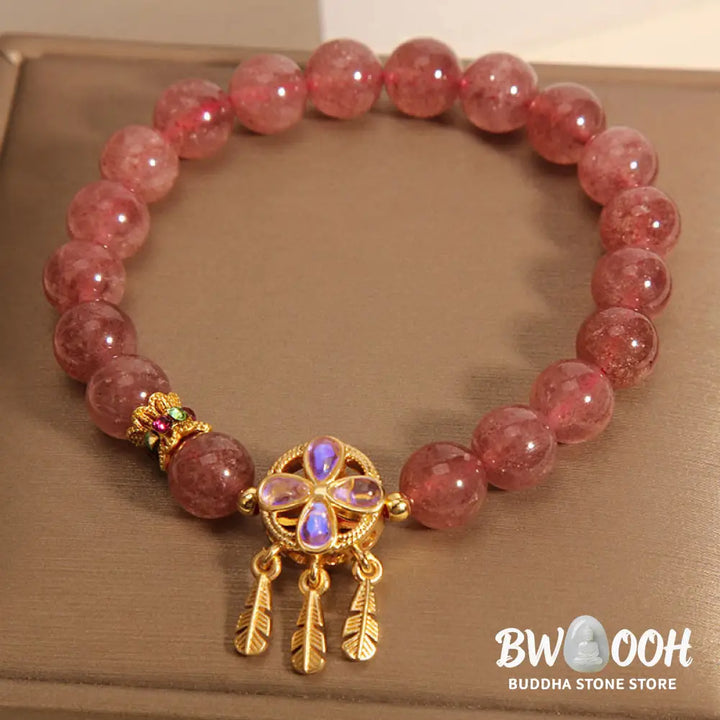 Buddha Stones Natural Strawberry Quartz Four Leaf Clover Dreamcatcher Charm Love Bracelet - BWOOOH - Strawberry