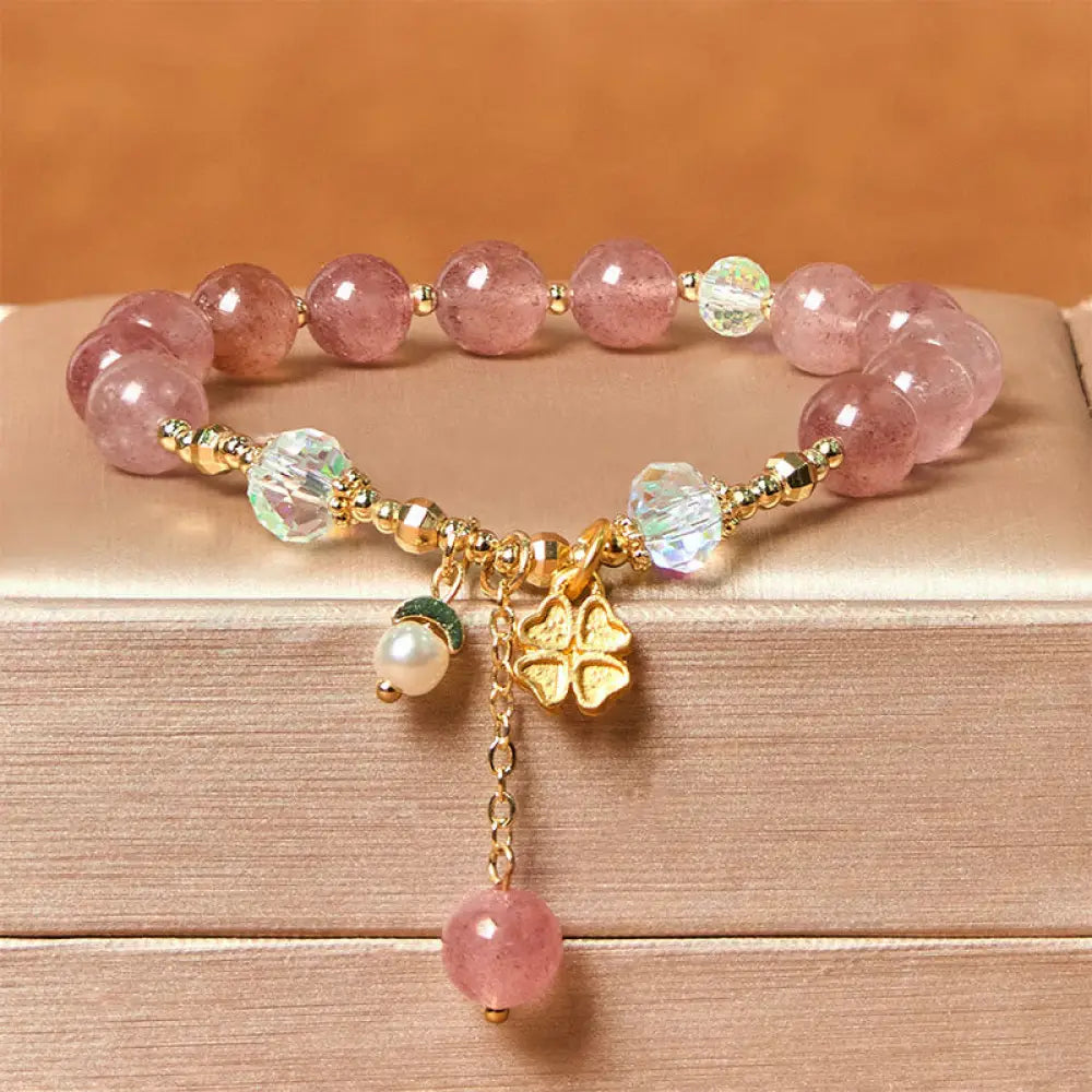 BWOOOH Natural Strawberry Quartz Four Leaf Clover Healing Bracelet — Strawberry Quartz crystal healing bracelet for spirit...