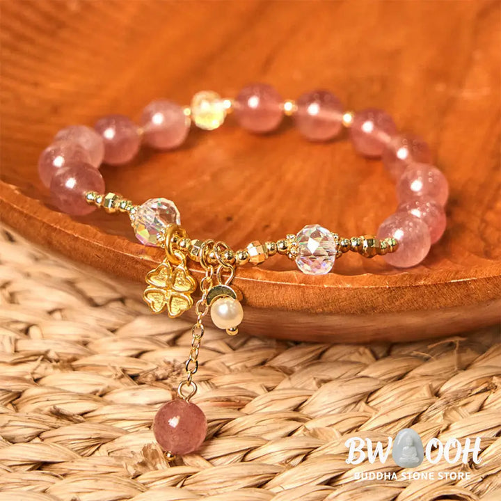 Buddha Stones Natural Strawberry Quartz Four Leaf Clover Healing Bracelet - BWOOOH - Strawberry Quartz(Wrist