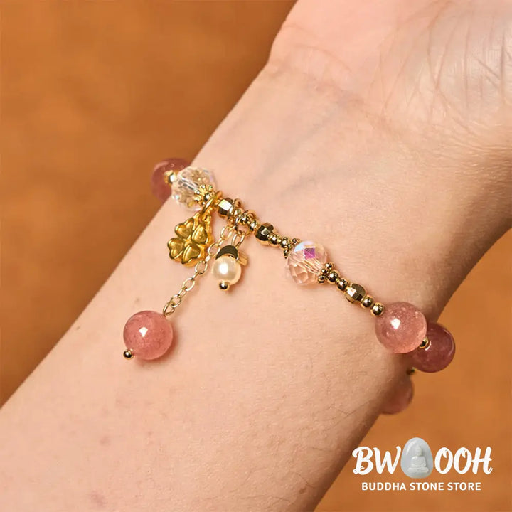 Buddha Stones Natural Strawberry Quartz Four Leaf Clover Healing Bracelet - BWOOOH - Strawberry Quartz(Wrist