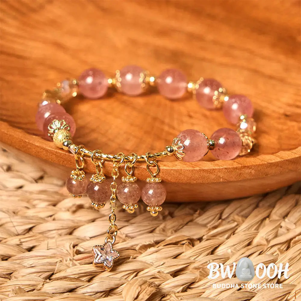 Buddha Stones Natural Strawberry Quartz Four Leaf Clover Star Positive Bracelet - BWOOOH - Strawberry Quartz(Wrist