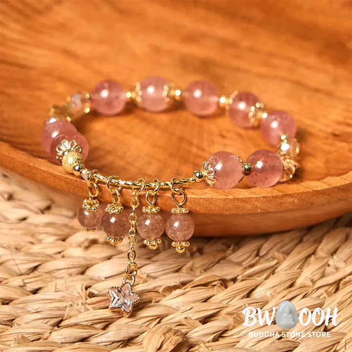 Buddha Stones Natural Strawberry Quartz Four Leaf Clover Star Positive Bracelet - BWOOOH - Strawberry Quartz(Wrist