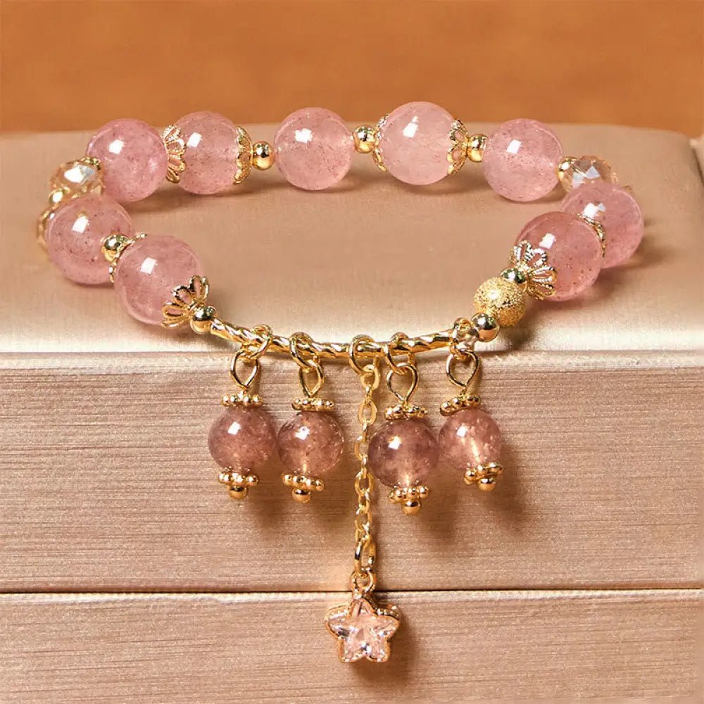 BWOOOH Natural Strawberry Quartz Four Leaf Clover Star Positive Bracelet — Strawberry Quartz crystal healing bracelet for ...