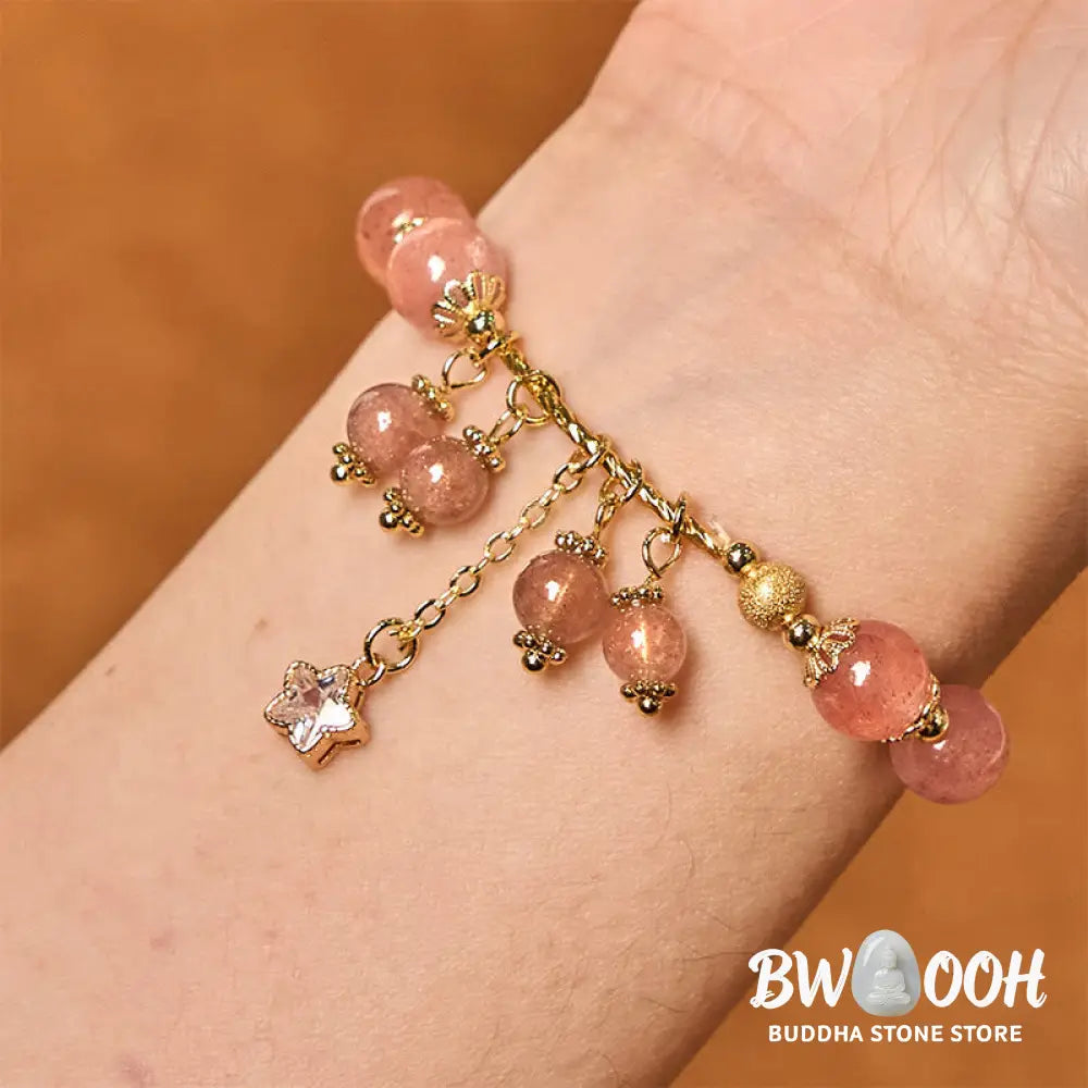 Buddha Stones Natural Strawberry Quartz Four Leaf Clover Star Positive Bracelet - BWOOOH - Strawberry Quartz(Wrist