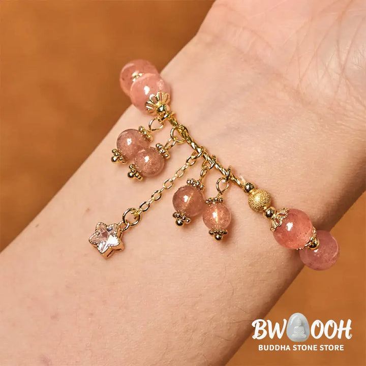 Buddha Stones Natural Strawberry Quartz Four Leaf Clover Star Positive Bracelet - BWOOOH - Strawberry Quartz(Wrist