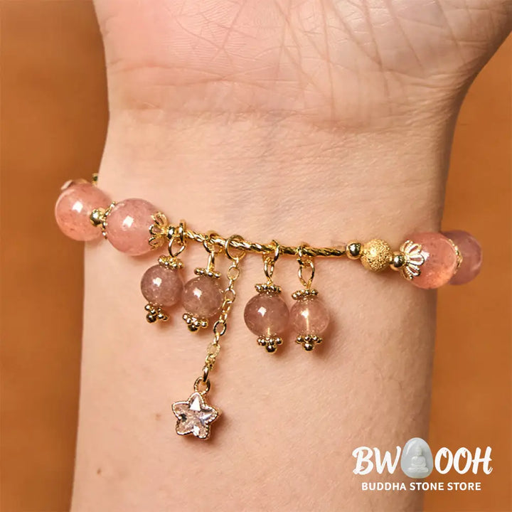 Buddha Stones Natural Strawberry Quartz Four Leaf Clover Star Positive Bracelet - BWOOOH - Strawberry Quartz(Wrist