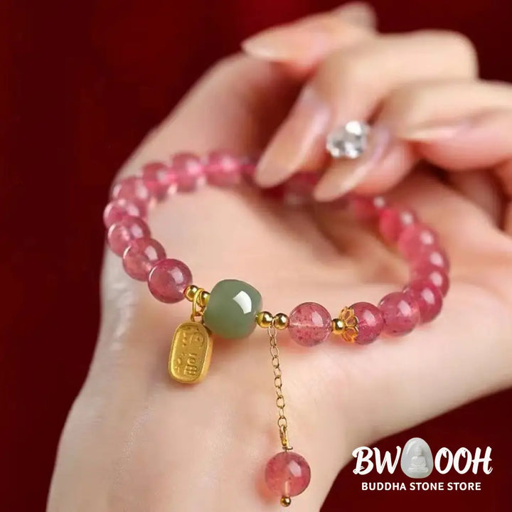 Buddha Stones Natural Strawberry Quartz Fu Character Jade Positive Healing Bracelet - BWOOOH - Strawberry Crystal