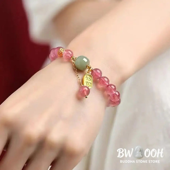 Buddha Stones Natural Strawberry Quartz Fu Character Jade Positive Healing Bracelet - BWOOOH - Strawberry Crystal
