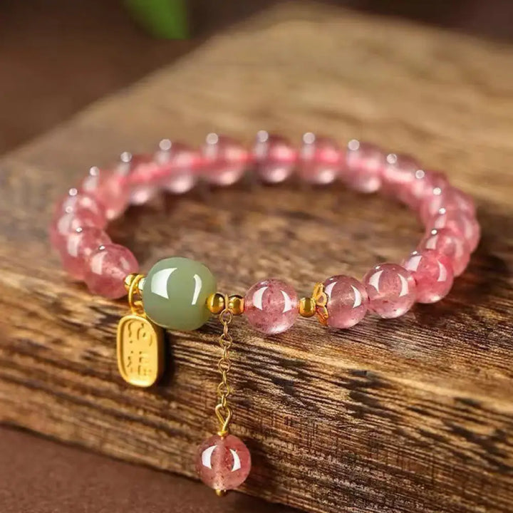 BWOOOH Natural Strawberry Quartz Fu Character Jade Positive Healing Bracelet — Strawberry Quartz jade bracelet for spiritu...