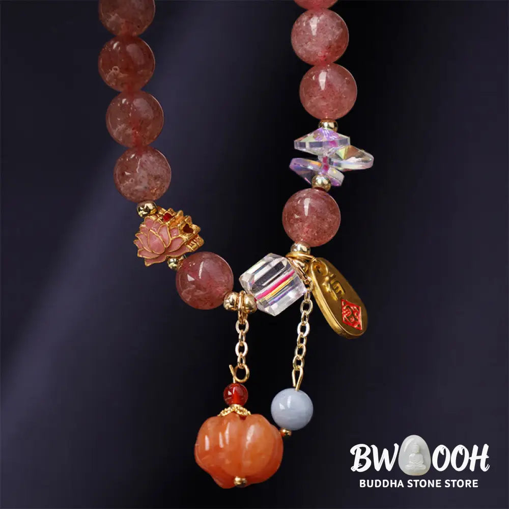 Buddha Stones Natural Strawberry Quartz Fu Character Pumpkin Charm Positive Bracelet (Extra 35% Off | USE CODE: FS35)