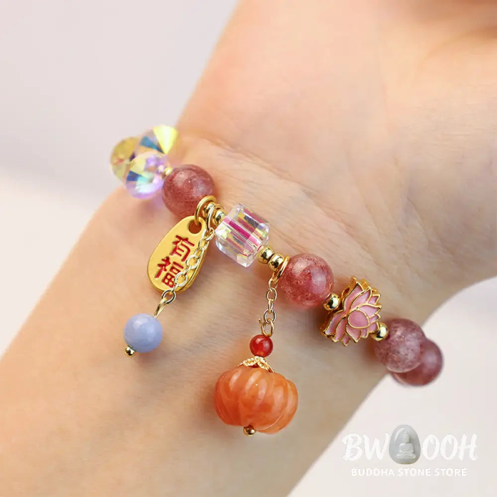 Buddha Stones Natural Strawberry Quartz Fu Character Pumpkin Charm Positive Bracelet (Extra 35% Off | USE CODE: FS35)