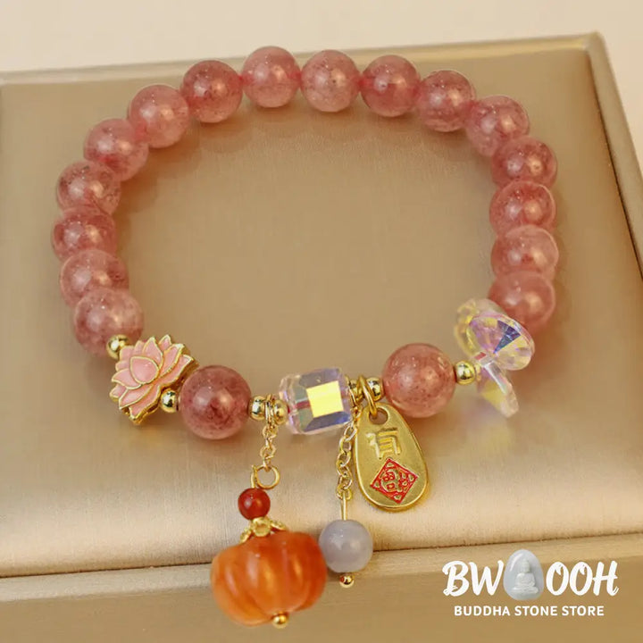 Buddha Stones Natural Strawberry Quartz Fu Character Pumpkin Charm Positive Bracelet (Extra 35% Off | USE CODE: FS35)