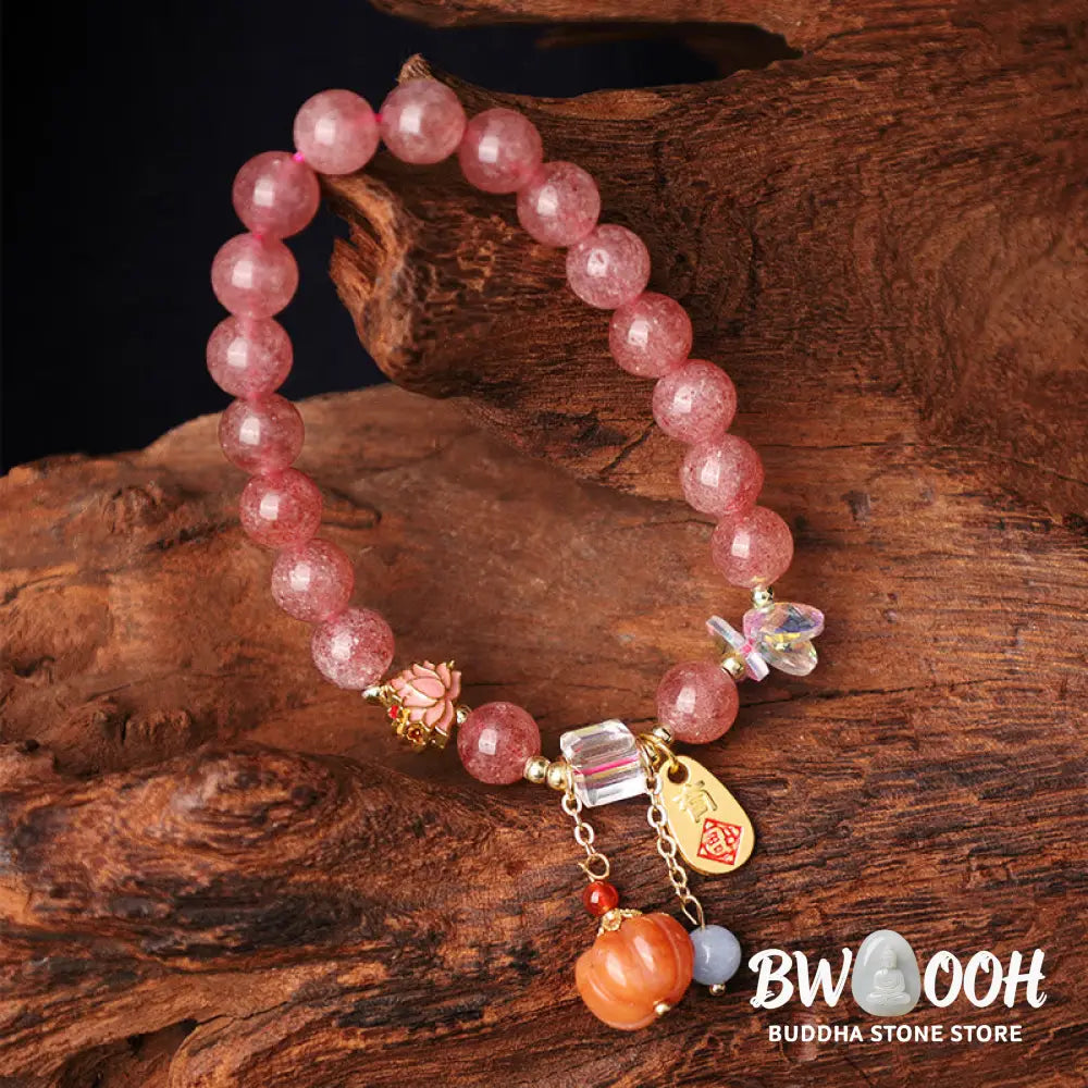 Buddha Stones Natural Strawberry Quartz Fu Character Pumpkin Charm Positive Bracelet (Extra 35% Off | USE CODE: FS35)