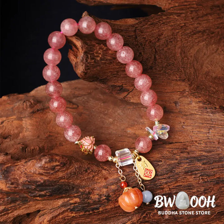 Buddha Stones Natural Strawberry Quartz Fu Character Pumpkin Charm Positive Bracelet (Extra 35% Off | USE CODE: FS35)