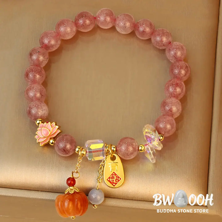 Buddha Stones Natural Strawberry Quartz Fu Character Pumpkin Charm Positive Bracelet (Extra 35% Off | USE CODE: FS35)