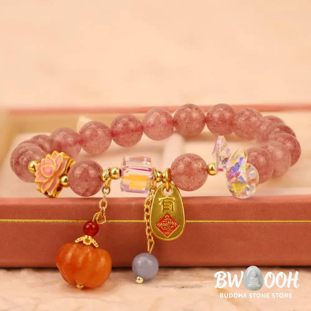 Buddha Stones Natural Strawberry Quartz Fu Character Pumpkin Charm Positive Bracelet (Extra 35% Off | USE CODE: FS35)