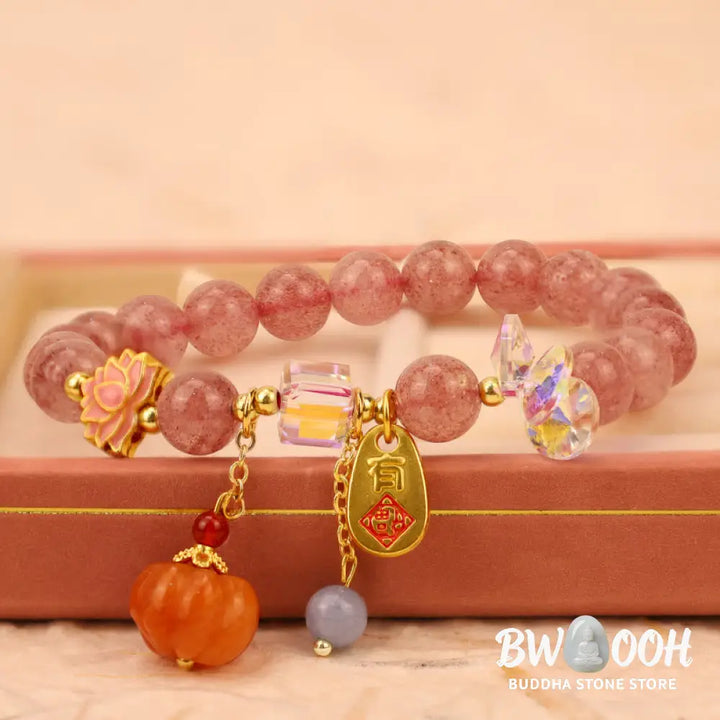 Buddha Stones Natural Strawberry Quartz Fu Character Pumpkin Charm Positive Bracelet (Extra 35% Off | USE CODE: FS35)
