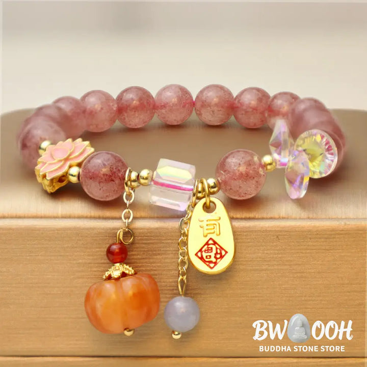 Buddha Stones Natural Strawberry Quartz Fu Character Pumpkin Charm Positive Bracelet (Extra 35% Off | USE CODE: FS35)