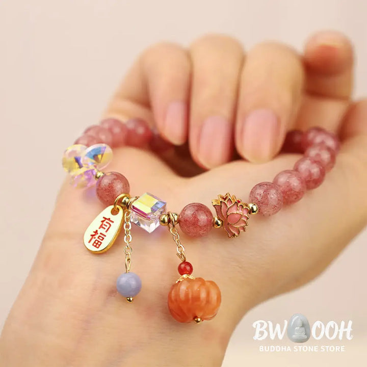 Buddha Stones Natural Strawberry Quartz Fu Character Pumpkin Charm Positive Bracelet (Extra 35% Off | USE CODE: FS35)
