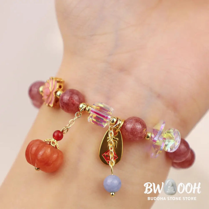 Buddha Stones Natural Strawberry Quartz Fu Character Pumpkin Charm Positive Bracelet (Extra 35% Off | USE CODE: FS35)