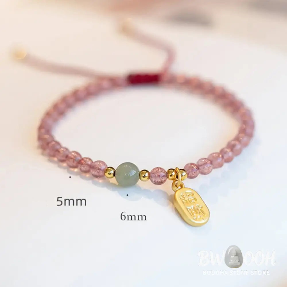 Buddha Stones Natural Strawberry Quartz Garnet Jade Lucky Fortune Fu Character Healing Charm Bracelet - BWOOOH