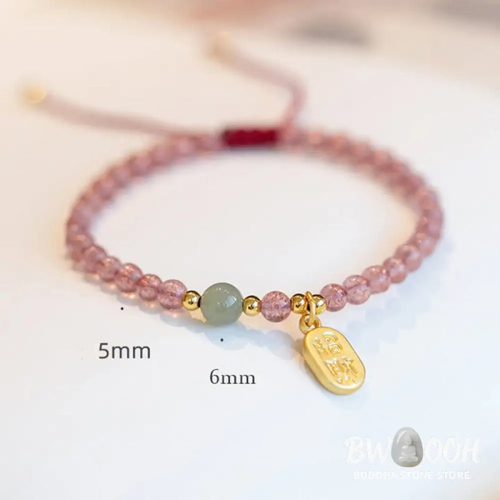 Buddha Stones Natural Strawberry Quartz Garnet Jade Lucky Fortune Fu Character Healing Charm Bracelet - BWOOOH