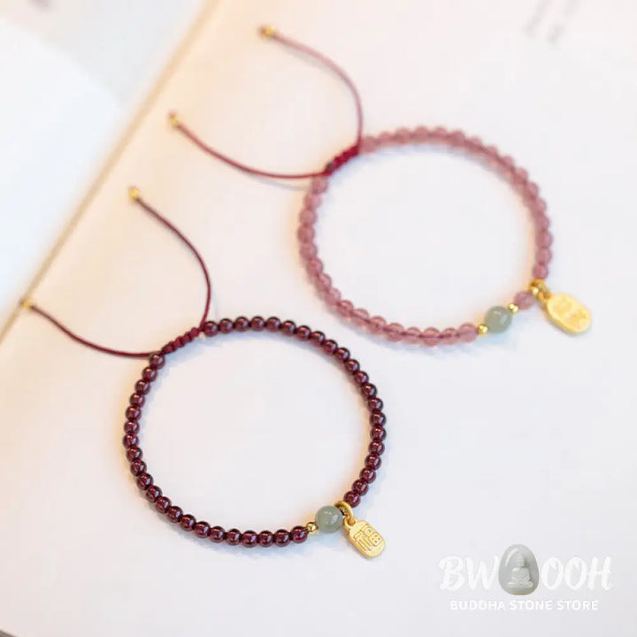 Buddha Stones Natural Strawberry Quartz Garnet Jade Lucky Fortune Fu Character Healing Charm Bracelet - BWOOOH