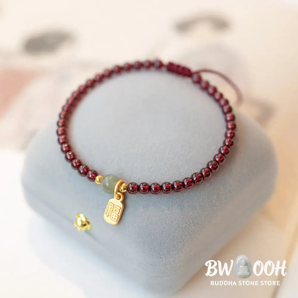 Buddha Stones Natural Strawberry Quartz Garnet Jade Lucky Fortune Fu Character Healing Charm Bracelet - BWOOOH