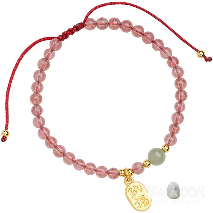 Buddha Stones Natural Strawberry Quartz Garnet Jade Lucky Fortune Fu Character Healing Charm Bracelet - BWOOOH