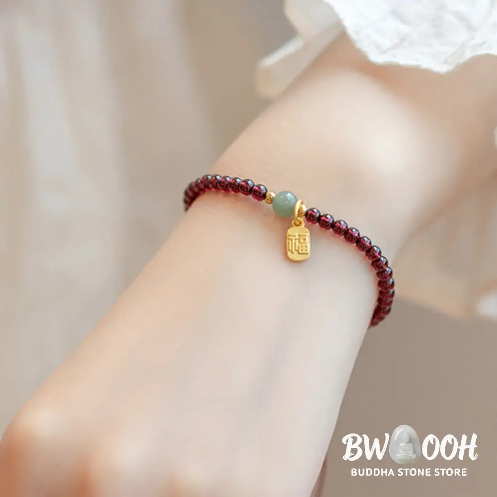 Buddha Stones Natural Strawberry Quartz Garnet Jade Lucky Fortune Fu Character Healing Charm Bracelet - BWOOOH