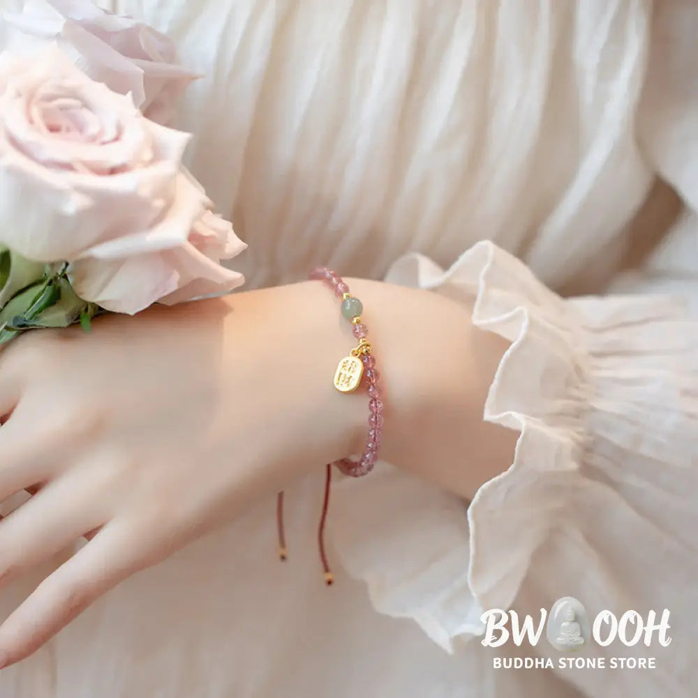 Buddha Stones Natural Strawberry Quartz Garnet Jade Lucky Fortune Fu Character Healing Charm Bracelet - BWOOOH